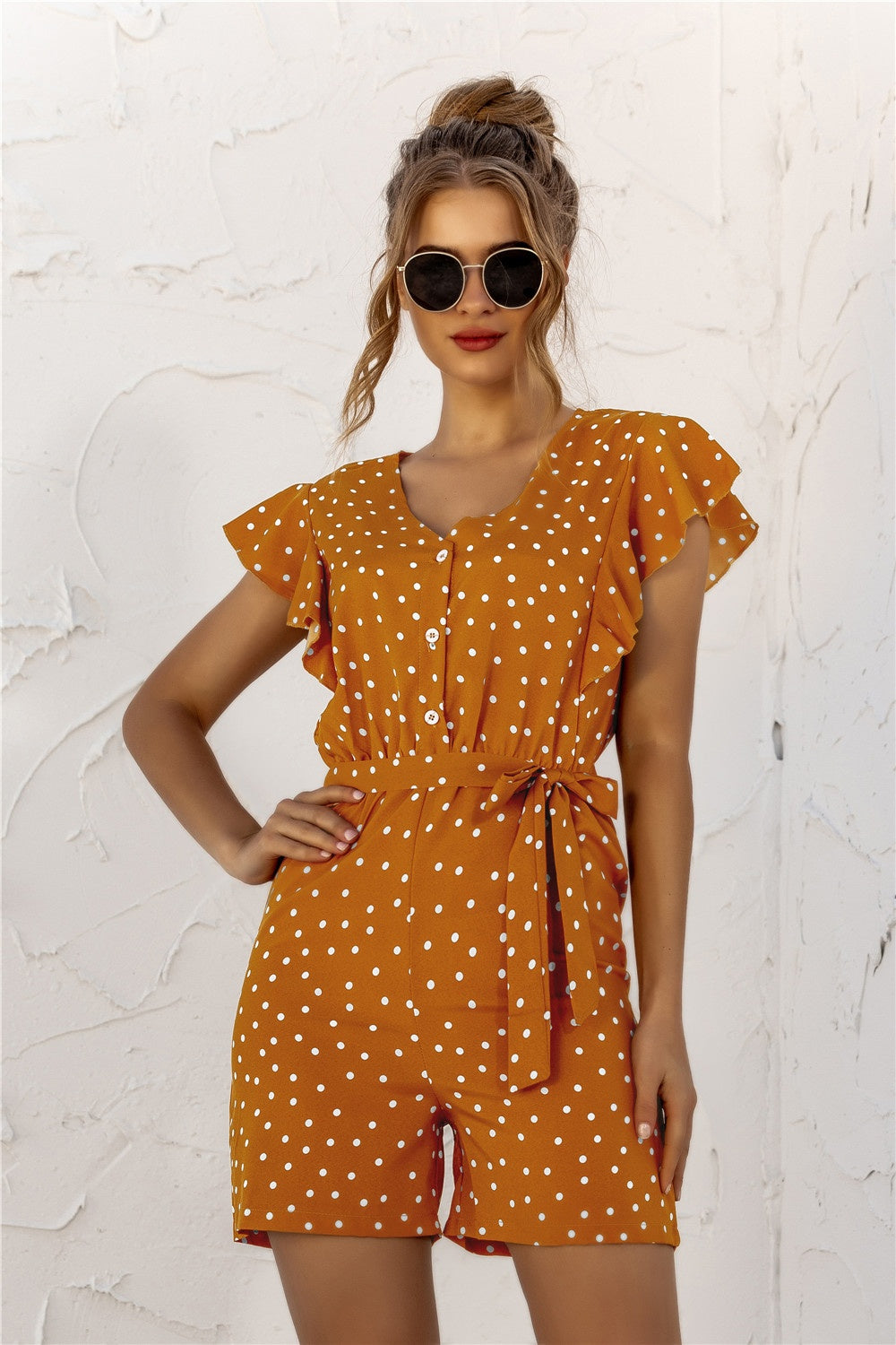 Ruffled Polka Dot Half Button Romper-Angel Casuals