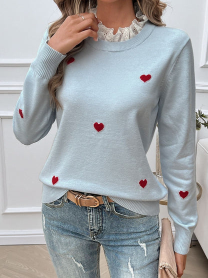 Devine Lace Detail Heart Long Sleeve Sweater-Angel Casuals