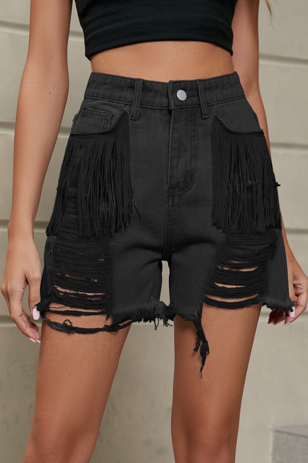 Fringe Trim Distressed Denim Shorts with Pockets-Angel Casuals