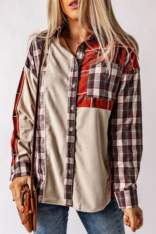 Plaid Patchwork Collared Neck Shacket-Angel Casuals