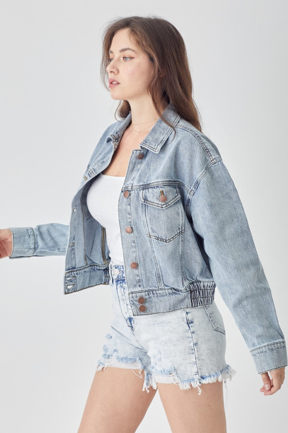 RISEN Full Size Button Down Cropped Denim Jacket-Angel Casuals