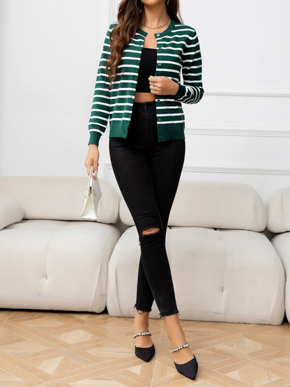 Striped Round Neck Long Sleeve Buttoned Knit Top-Angel Casuals