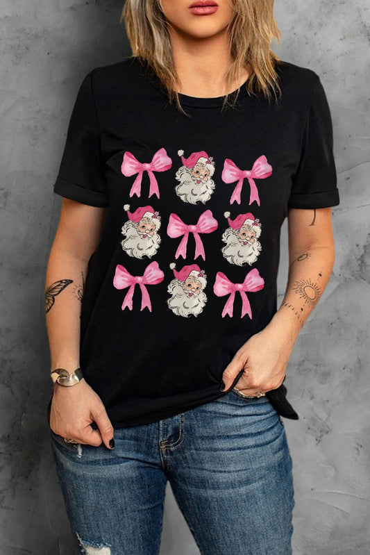 Santa & Bow Graphic Round Neck Short Sleeve T-Shirt-Angel Casuals