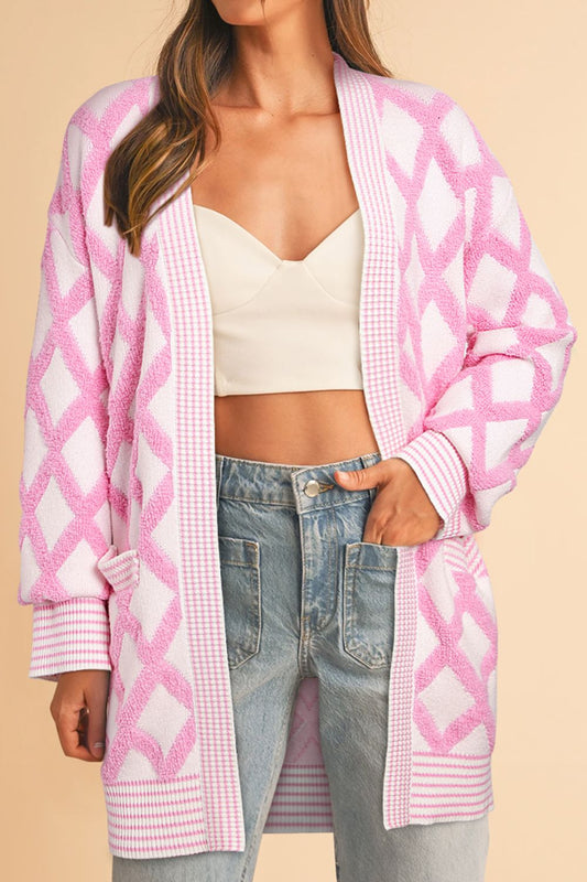 Geometric Open Front Long Sleeve Cardigan-Angel Casuals