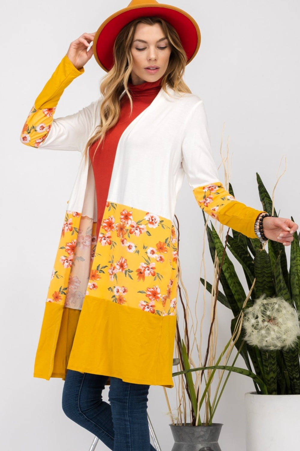 Celeste Full Size Floral Color Block Open Front Cardigan-Angel Casuals