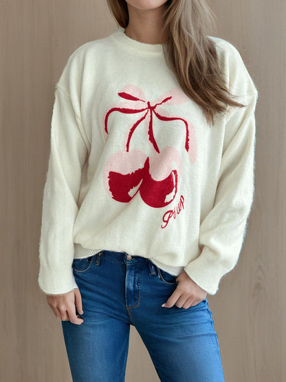 Cherry Round Neck Long Sleeve Sweater-Angel Casuals