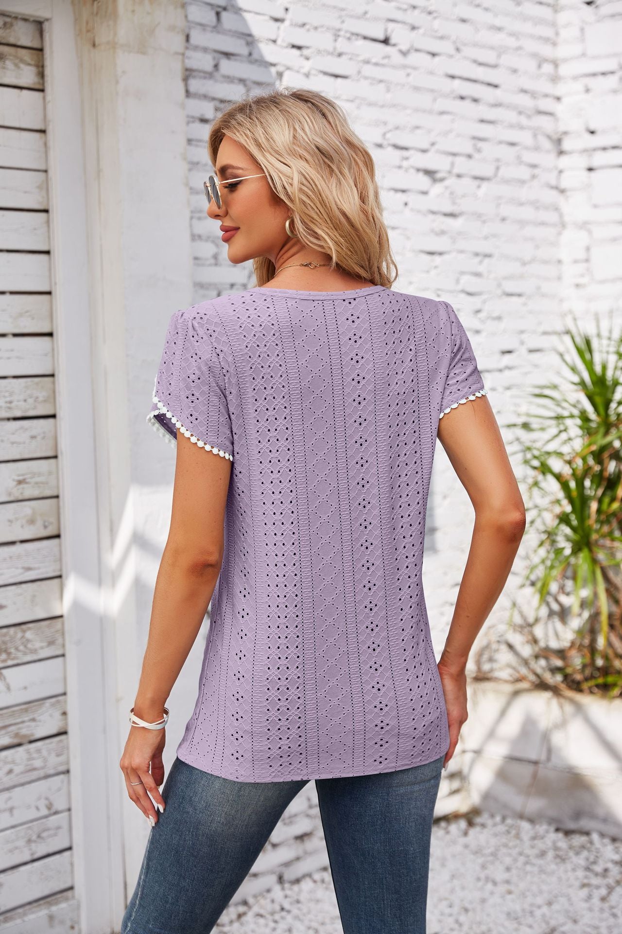 Eyelet Round Neck Petal Sleeve T-Shirt-Angel Casuals