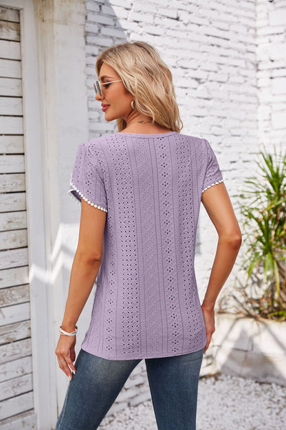 Eyelet Round Neck Petal Sleeve T-Shirt-Angel Casuals