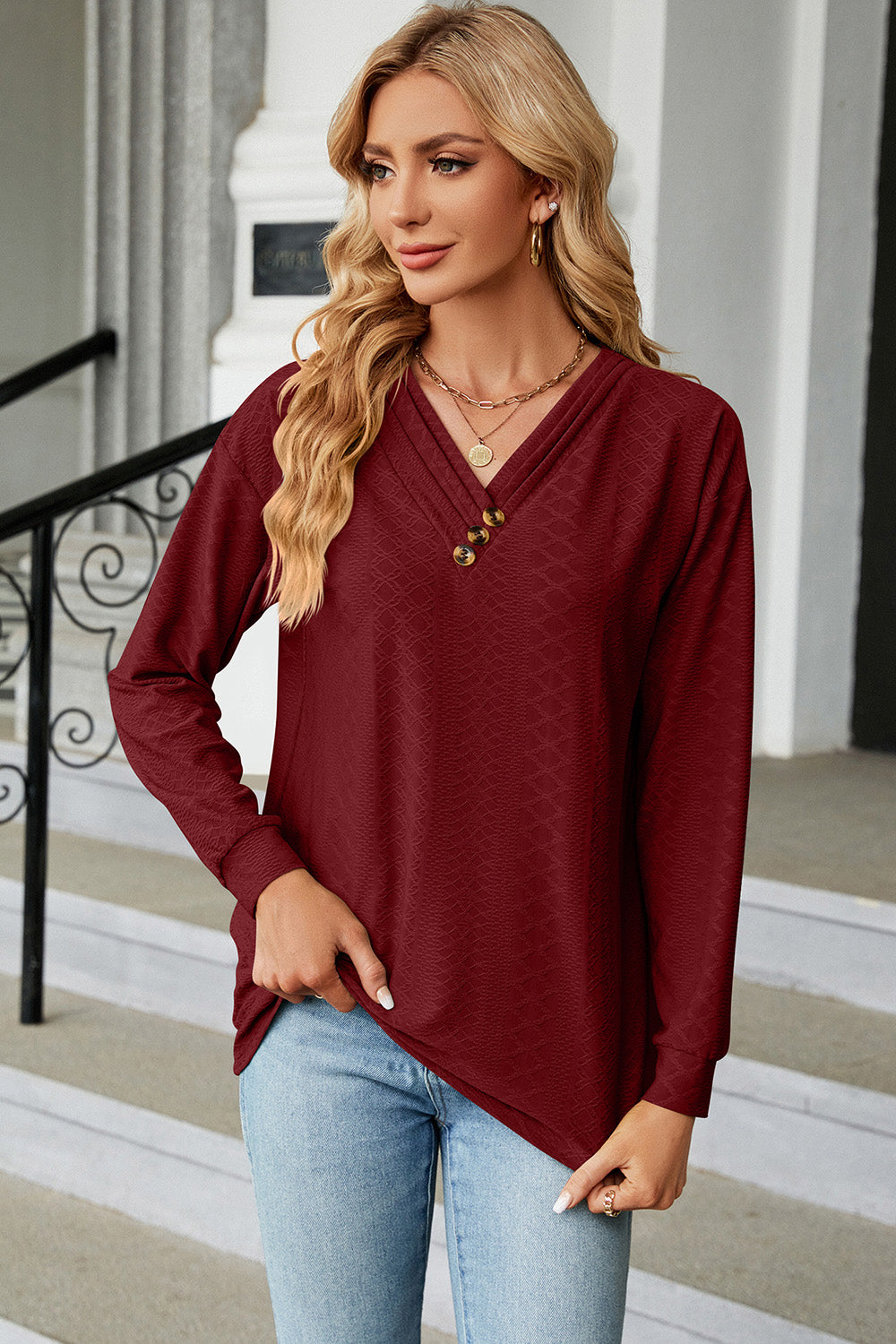 V-Neck Long Sleeve T-Shirt-Angel Casuals