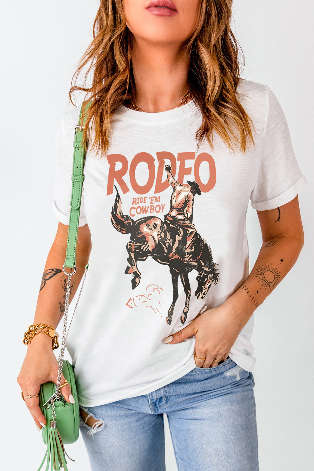 Cowboy Graphic Round Neck Short Sleeve T-Shirt-Angel Casuals