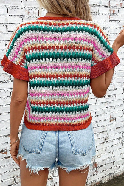 Striped Round Neck Short Sleeve Sweater-Angel Casuals