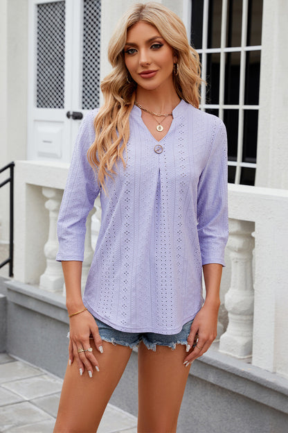 Eyelet Notched Knit Jacquard Top-Angel Casuals