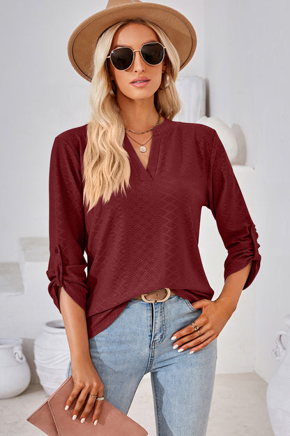 Notched Roll-Tab Sleeve T-Shirt-Angel Casuals