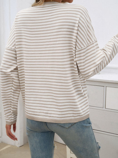 Devine Striped Round Neck Dropped Shoulder Sweater-Angel Casuals