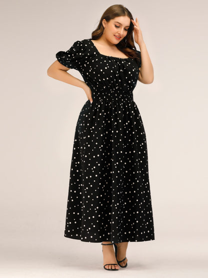 Plus Size Polka Dot Square Neck Dress-Angel Casuals