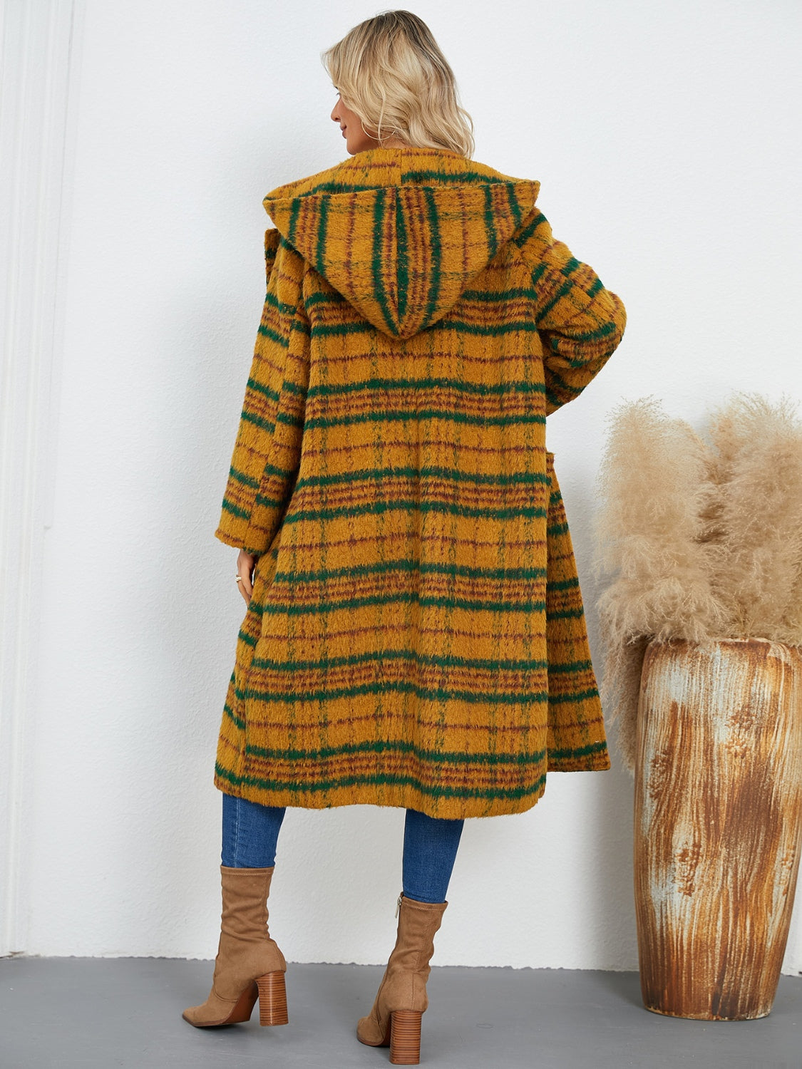Plaid Long Sleeve Hooded Coat with Pockets-Angel Casuals