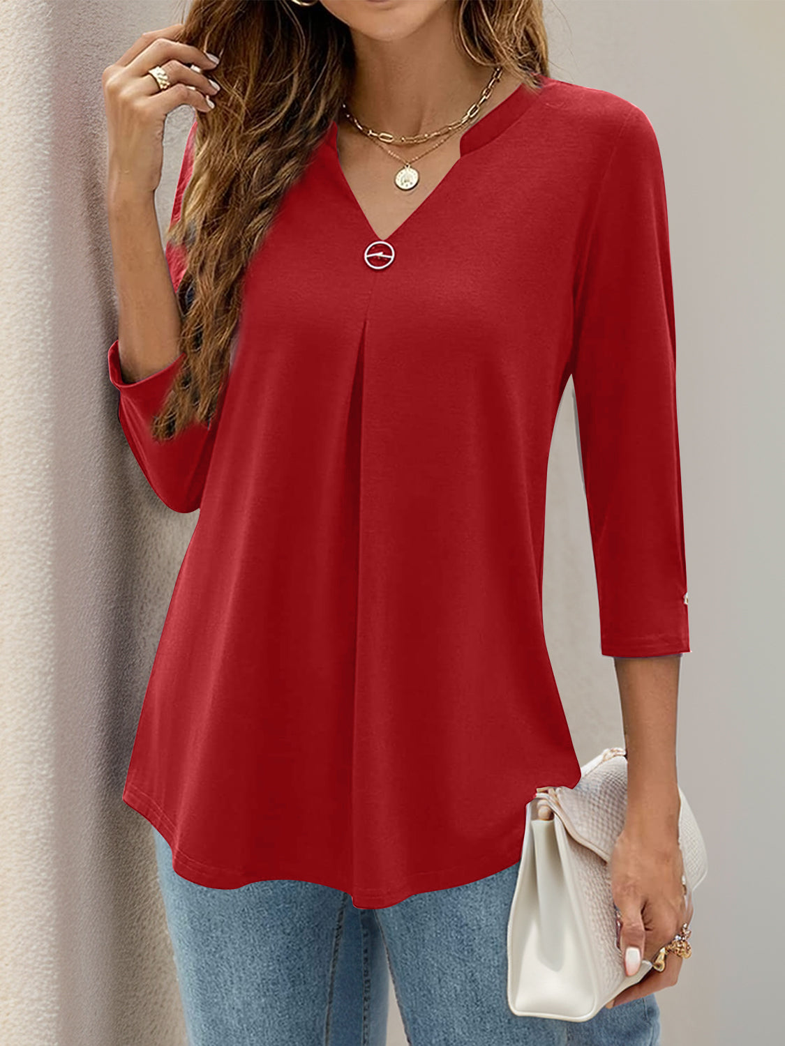 Notched Three-Quarter Sleeve T-Shirt-Angel Casuals