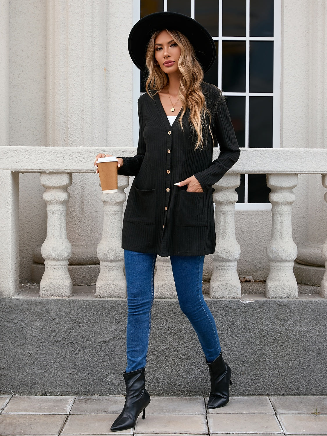 Ribbed Button Down V-Neck Long Sleeve Cardigan-Angel Casuals