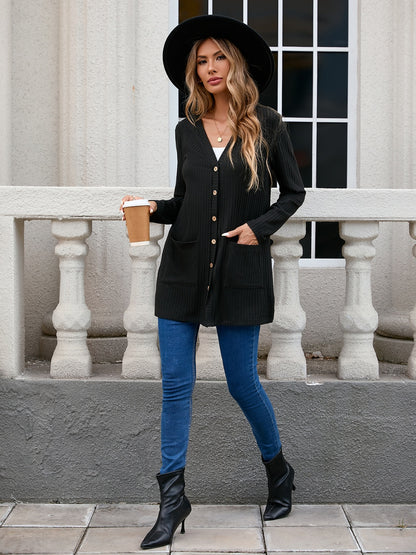 Ribbed Button Down V-Neck Long Sleeve Cardigan-Angel Casuals