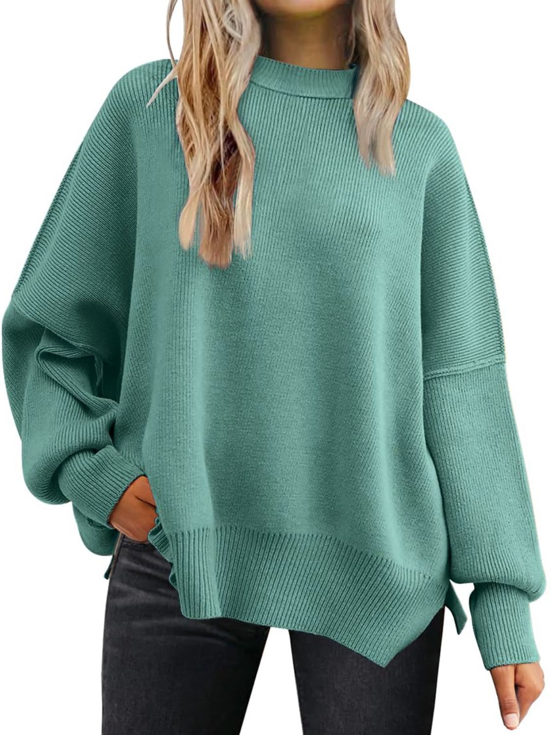 Slit Round Neck Dropped Shoulder Sweater-Angel Casuals