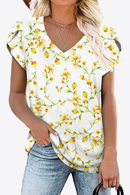 Printed Petal Sleeve V-Neck Blouse-Angel Casuals