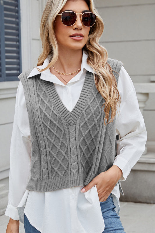 Cable-Knit V-Neck Sweater Vest-Angel Casuals