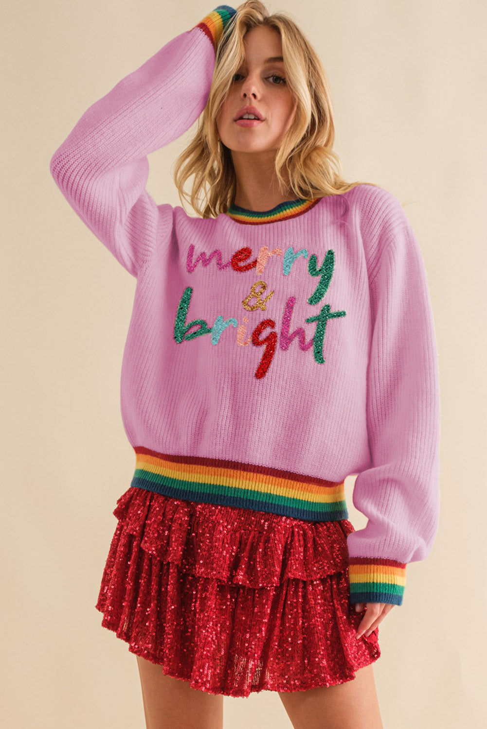 MERRY & BRIGHT Ribbed Round Neck Sweater-Angel Casuals