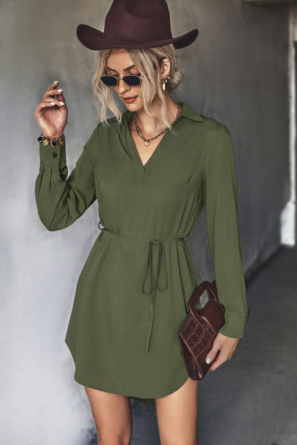 Belted Johnny Collar High-Low Shirt Dress-Angel Casuals