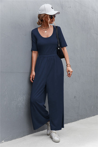 Scoop Neck Half Sleeve Wide Leg Jumpsuit-Angel Casuals