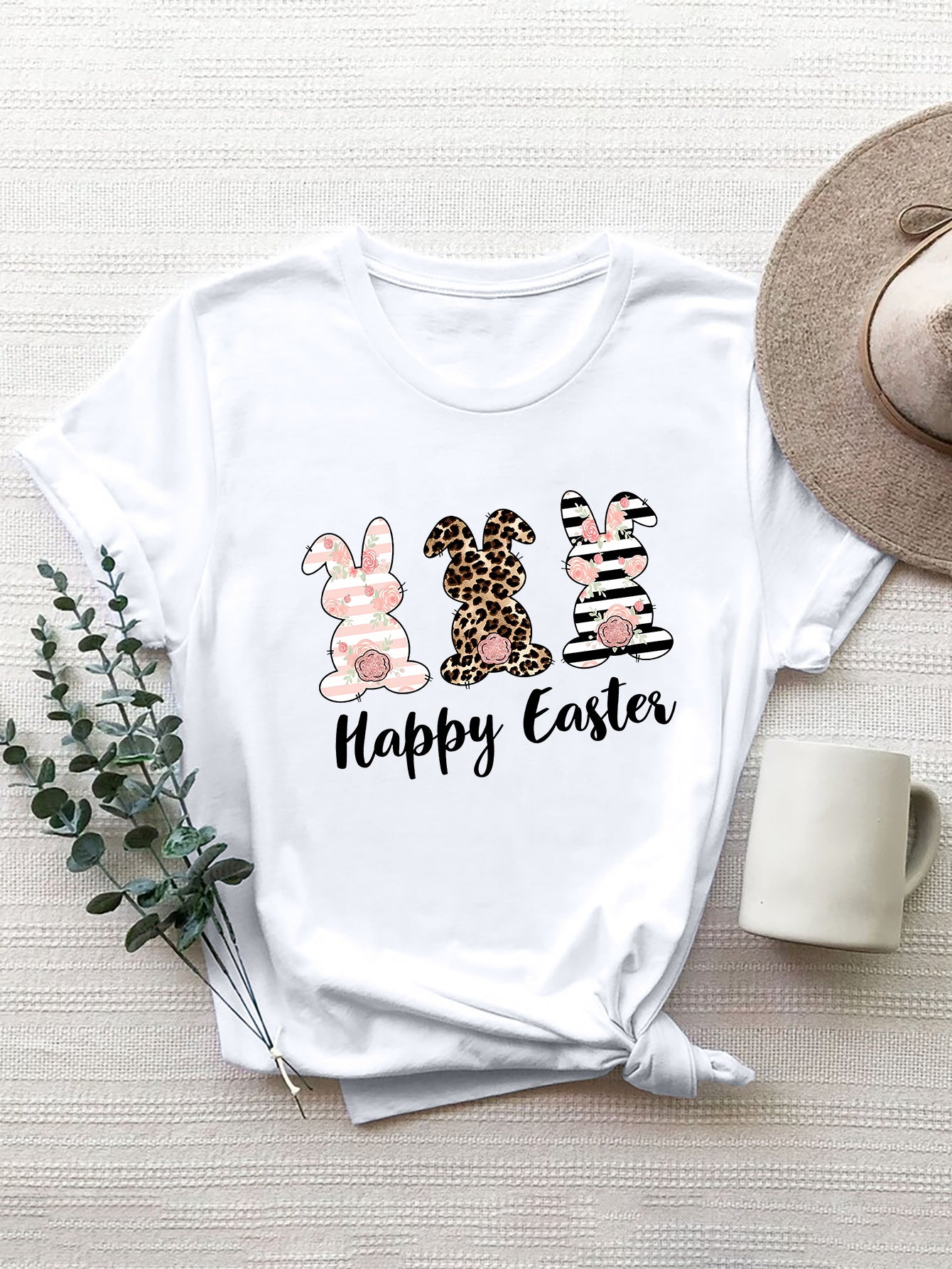 HAPPY EASTER Round Neck Short Sleeve T-Shirt-Angel Casuals