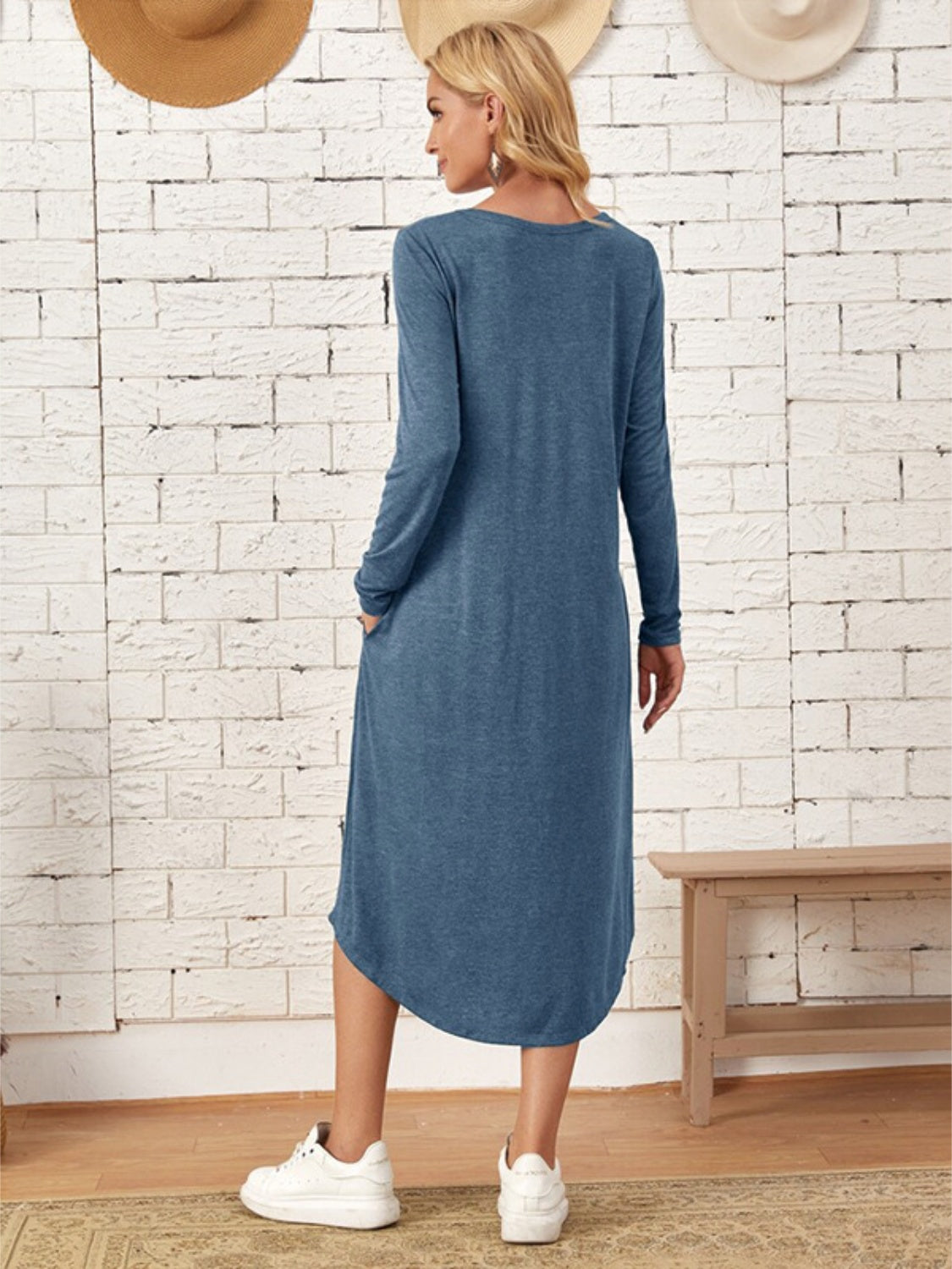 Pocketed Round Neck Long Sleeve Tee Dress-Angel Casuals