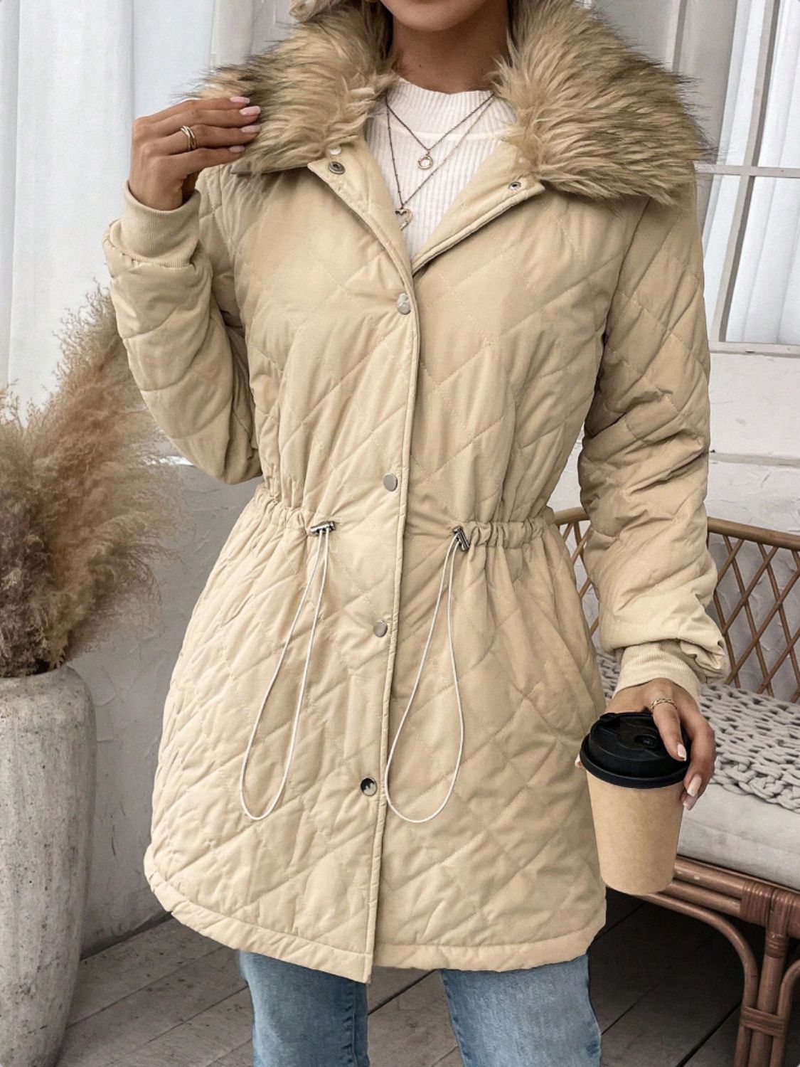Drawstring Snap Down Long Sleeve Outerwear-Angel Casuals