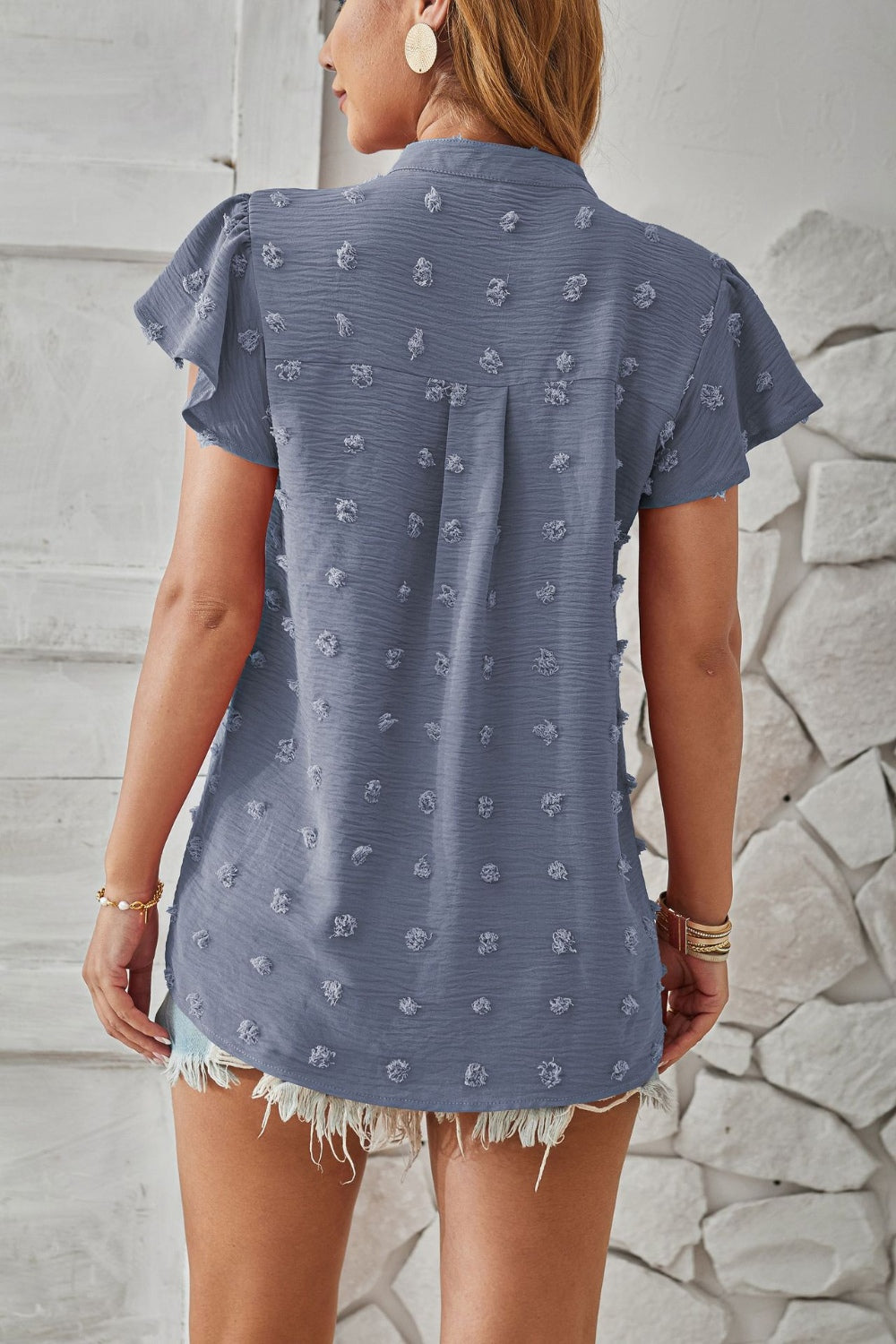 Swiss Dot Notched Cap Sleeve T-Shirt-Angel Casuals
