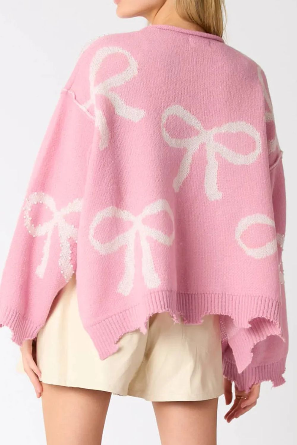 Pearl Detail Bow Round Neck Long Sleeve Sweater-Angel Casuals