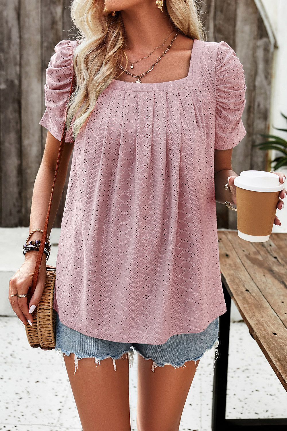 Eyelet Square Neck Puff Sleeve T-Shirt-Angel Casuals