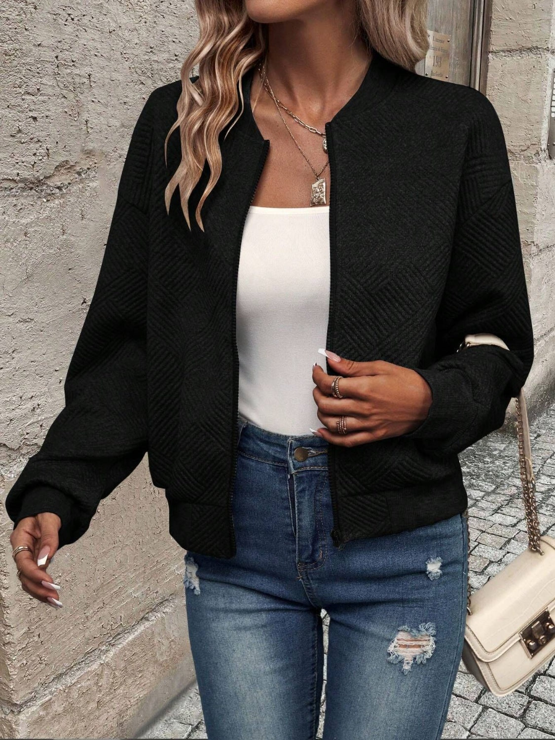Textured Zip Up Long Sleeve Jacket-Angel Casuals