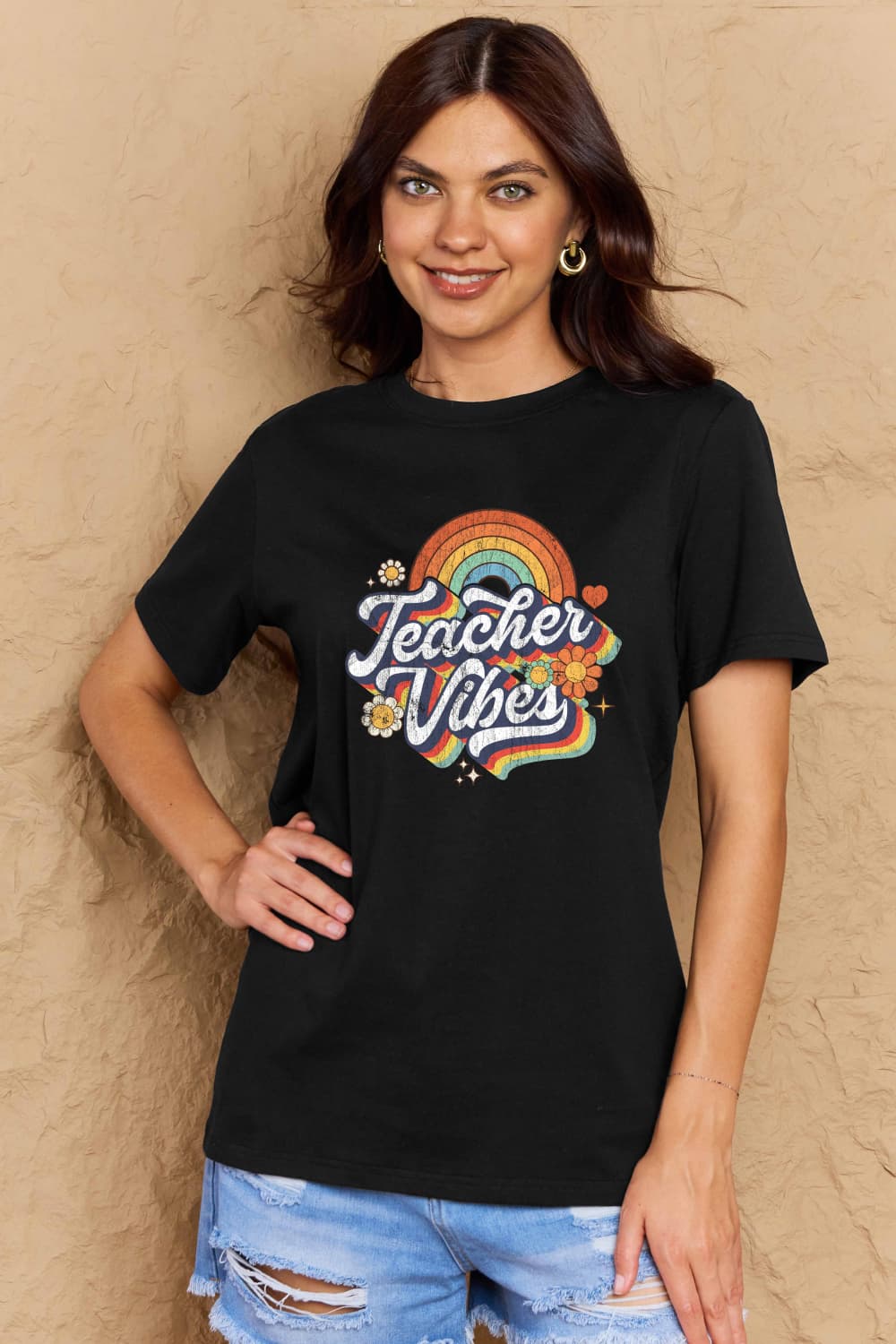 Simply Love Full Size TEACHER VIBES Graphic Cotton T-Shirt-Angel Casuals