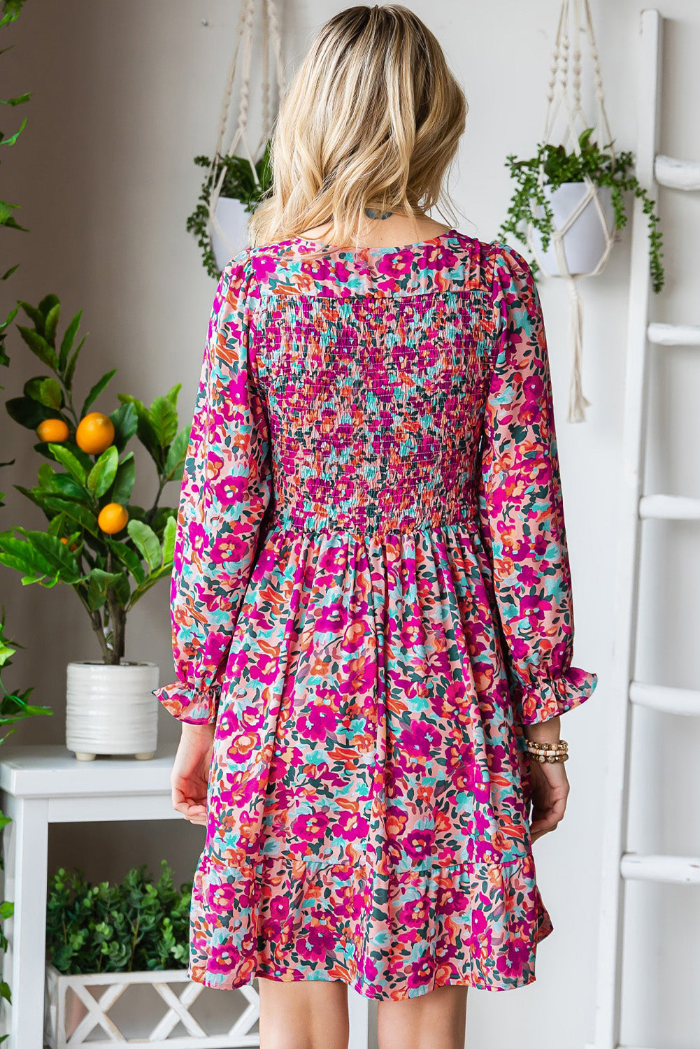 Floral Smocked V-Neck Flounce Sleeve Dress-Angel Casuals