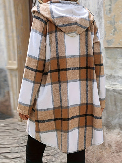 Drawstring Plaid Zip Up Hooded Outerwear-Angel Casuals