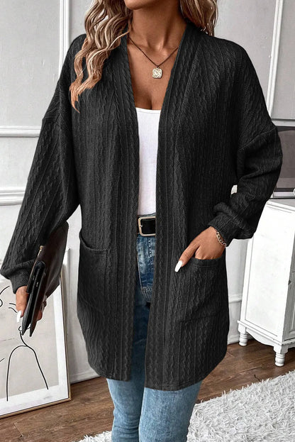 Textured Pocketed Open Front Long Sleeve Cover Up-Angel Casuals