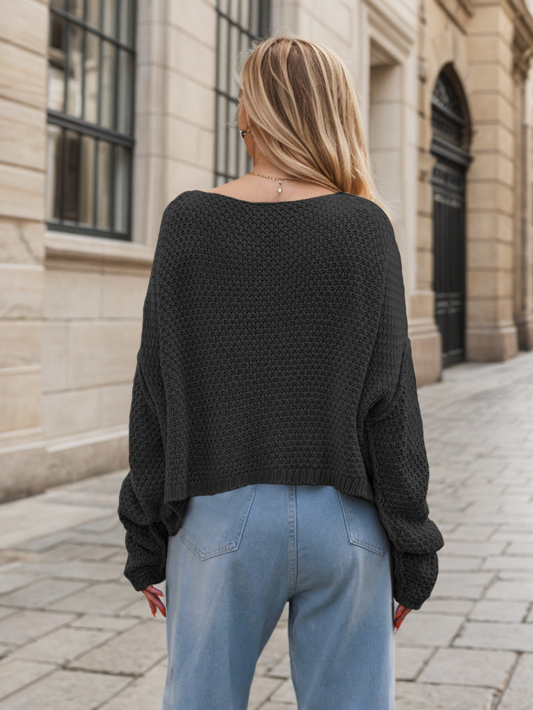 Round Neck Dropped Shoulder Long Sleeve Sweater-Angel Casuals