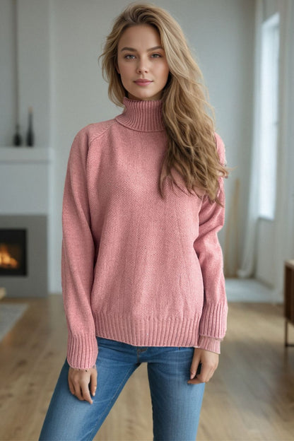 Ribbed Turtleneck Raglan Sleeve Sweater-Angel Casuals