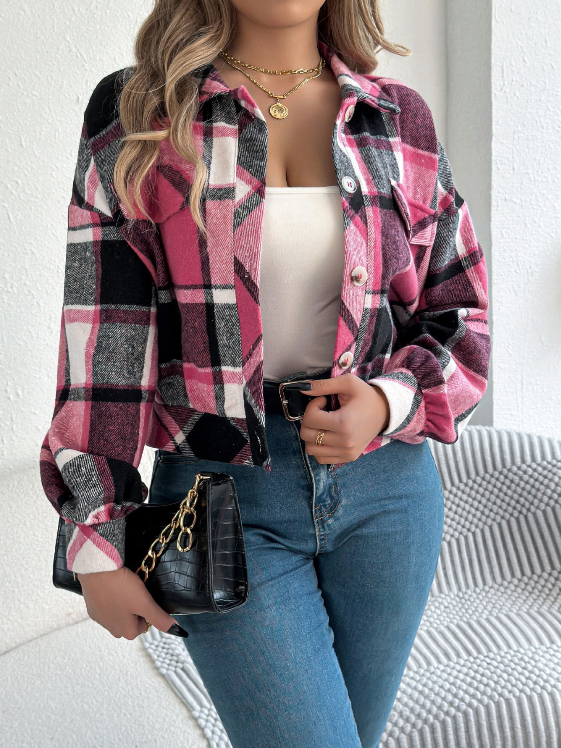 Plaid Button Up Long Sleeve Jacket-Angel Casuals