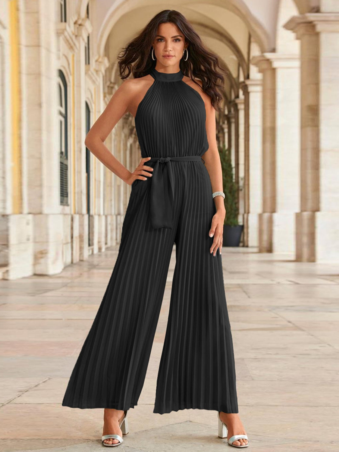 Cutout Tied Pleated Sleeveless Jumpsuit-Angel Casuals