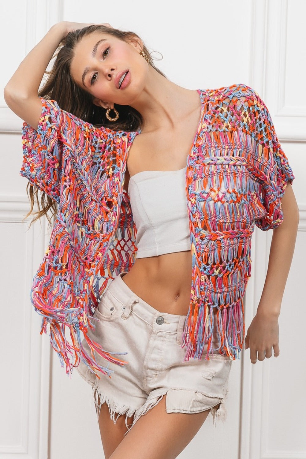 BiBi Open Front Fringed Crop Knit Cardigan-Angel Casuals