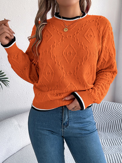 Contrast Trim Round Neck Long Sleeve Sweater-Angel Casuals