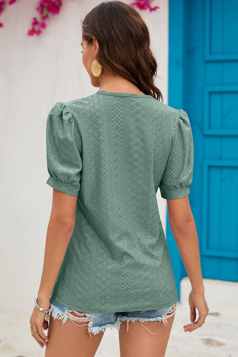 Eyelet V-Neck Short Sleeve T-Shirt-Angel Casuals