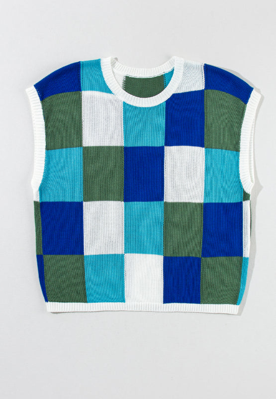 Contrast Plaid Round Neck Cap Sleeve Sweater-Angel Casuals