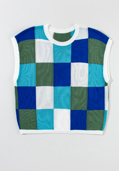 Contrast Plaid Round Neck Cap Sleeve Sweater-Angel Casuals