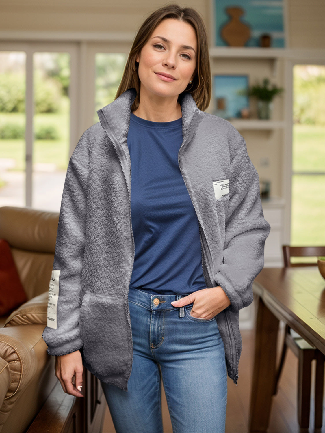 Full Size Turtleneck Zip Up Long Sleeve Sherpa Jacket-Angel Casuals